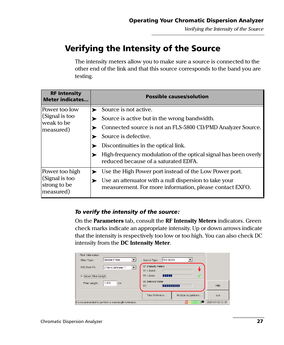 Verifying the intensity of the source | EXFO FTB-5800 Chromatic Dispersion Analyzer for FTB-400 User Manual | Page 33 / 103