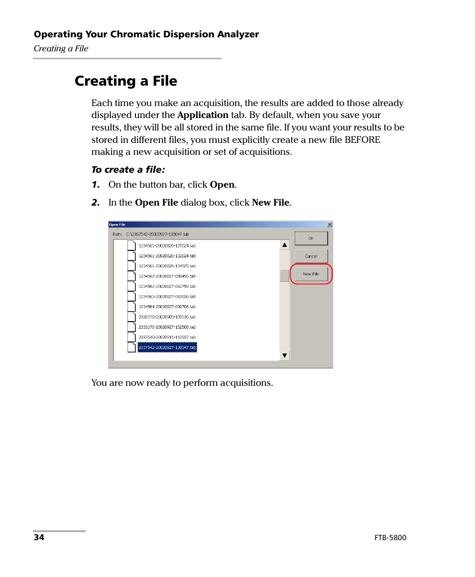Creating a file | EXFO FTB-5800 Chromatic Dispersion Analyzer for FTB-400 User Manual | Page 40 / 103