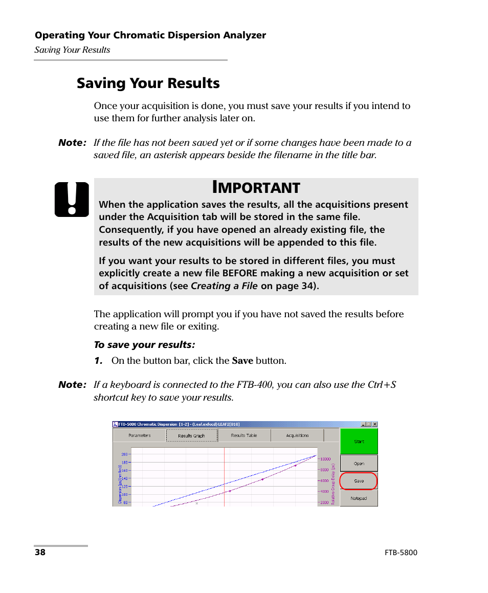 Saving your results, Mportant | EXFO FTB-5800 Chromatic Dispersion Analyzer for FTB-400 User Manual | Page 44 / 103