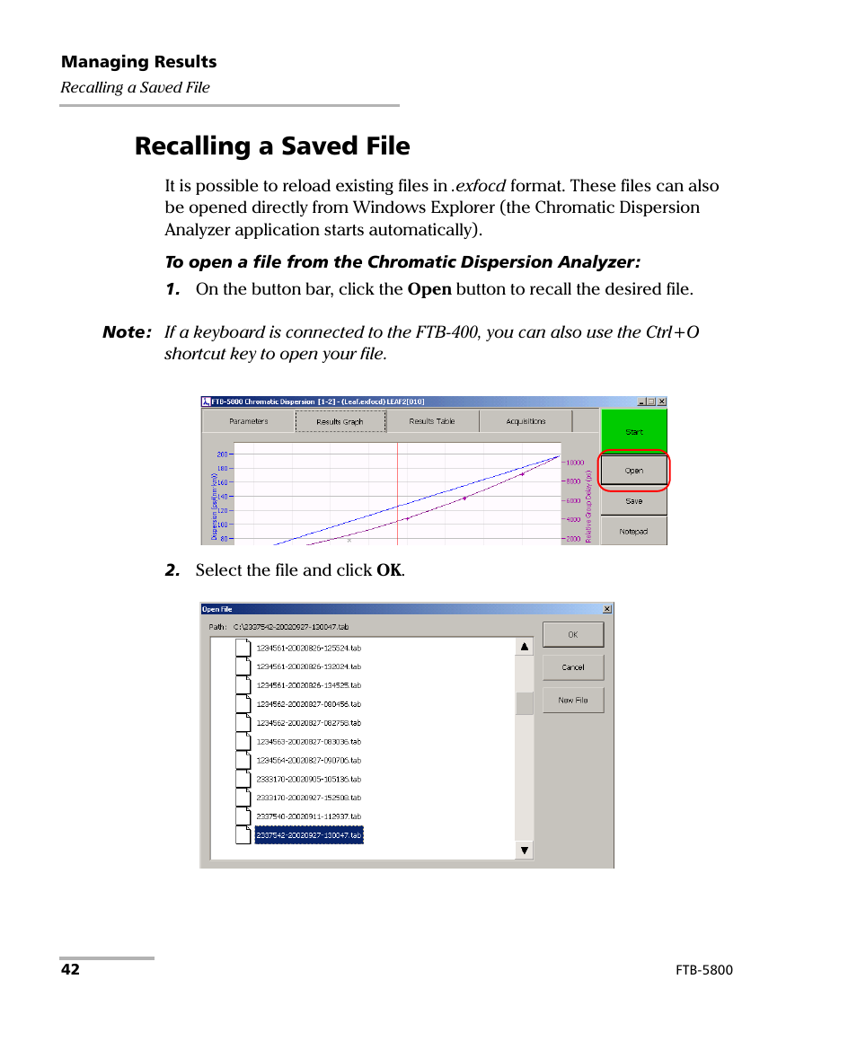 Recalling a saved file | EXFO FTB-5800 Chromatic Dispersion Analyzer for FTB-400 User Manual | Page 48 / 103