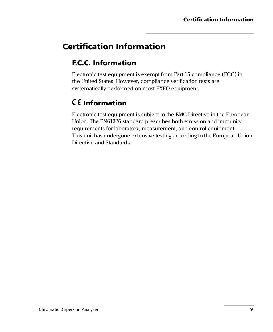 Certification information | EXFO FTB-5800 Chromatic Dispersion Analyzer for FTB-400 User Manual | Page 5 / 103