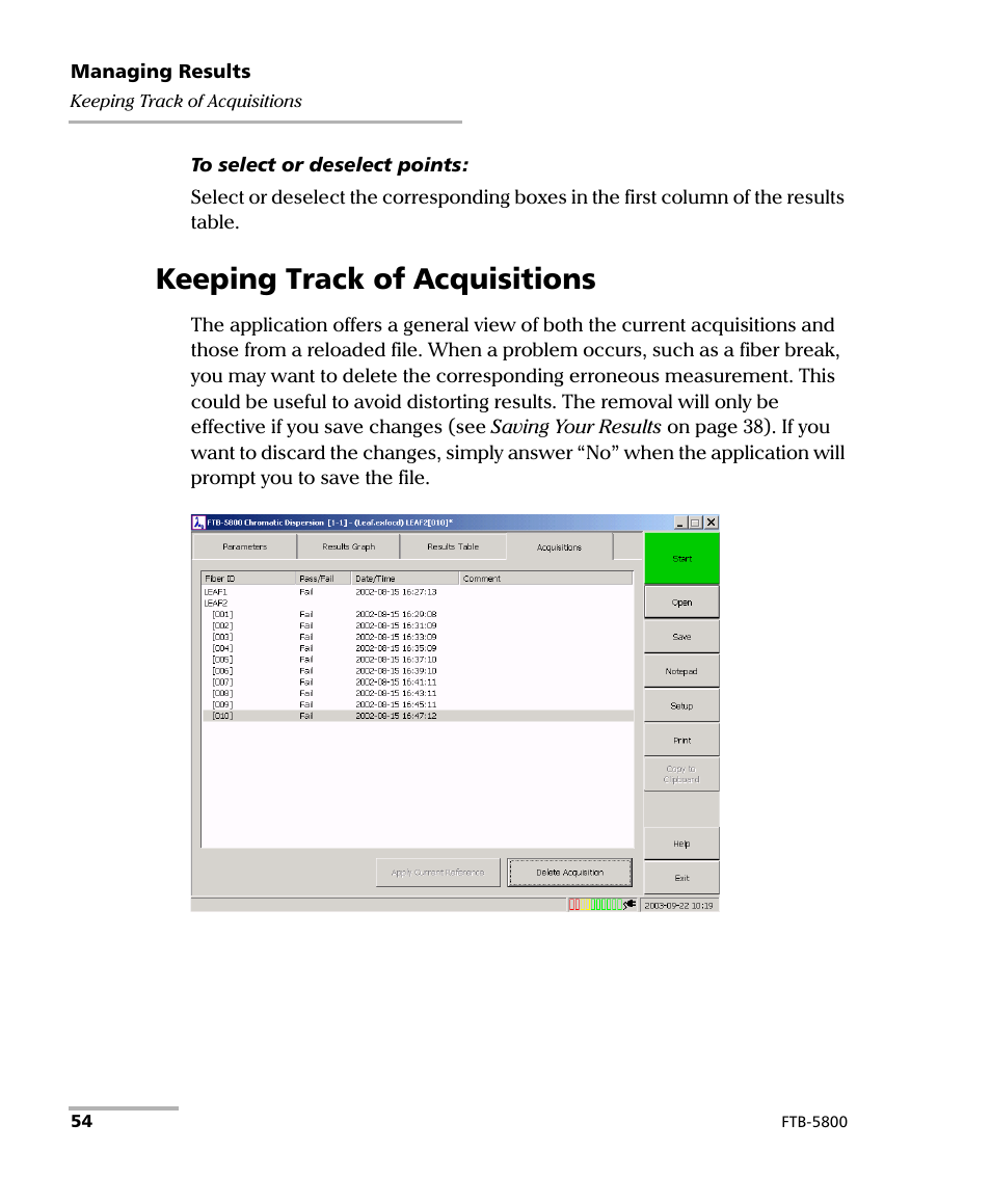 Keeping track of acquisitions | EXFO FTB-5800 Chromatic Dispersion Analyzer for FTB-400 User Manual | Page 60 / 103