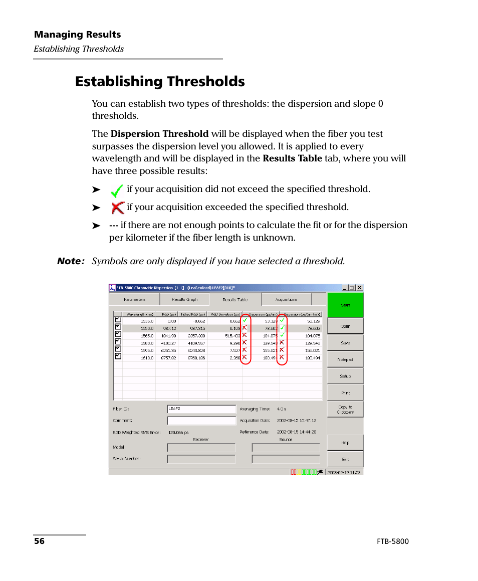Establishing thresholds | EXFO FTB-5800 Chromatic Dispersion Analyzer for FTB-400 User Manual | Page 62 / 103