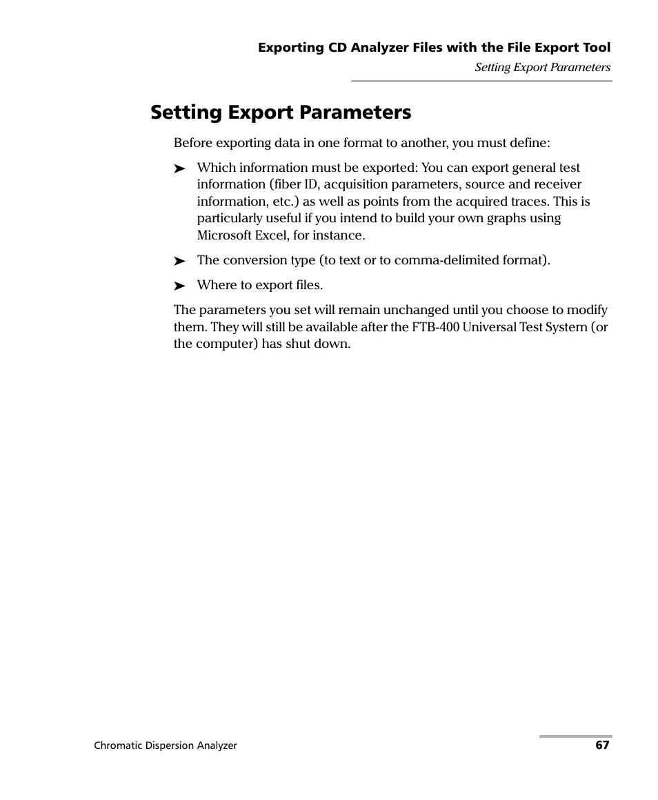 Setting export parameters | EXFO FTB-5800 Chromatic Dispersion Analyzer for FTB-400 User Manual | Page 73 / 103