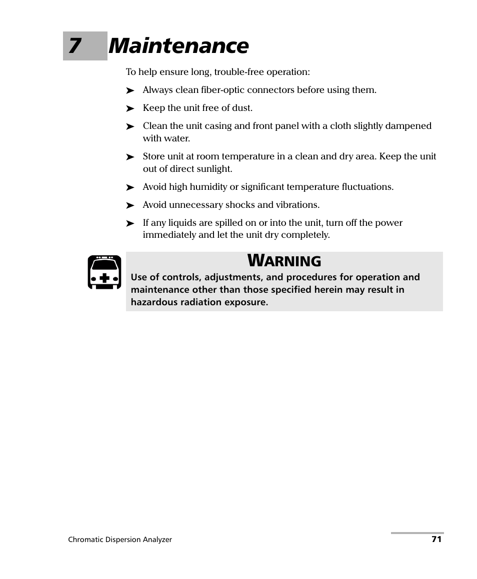 7 maintenance, 7maintenance, Arning | EXFO FTB-5800 Chromatic Dispersion Analyzer for FTB-400 User Manual | Page 77 / 103