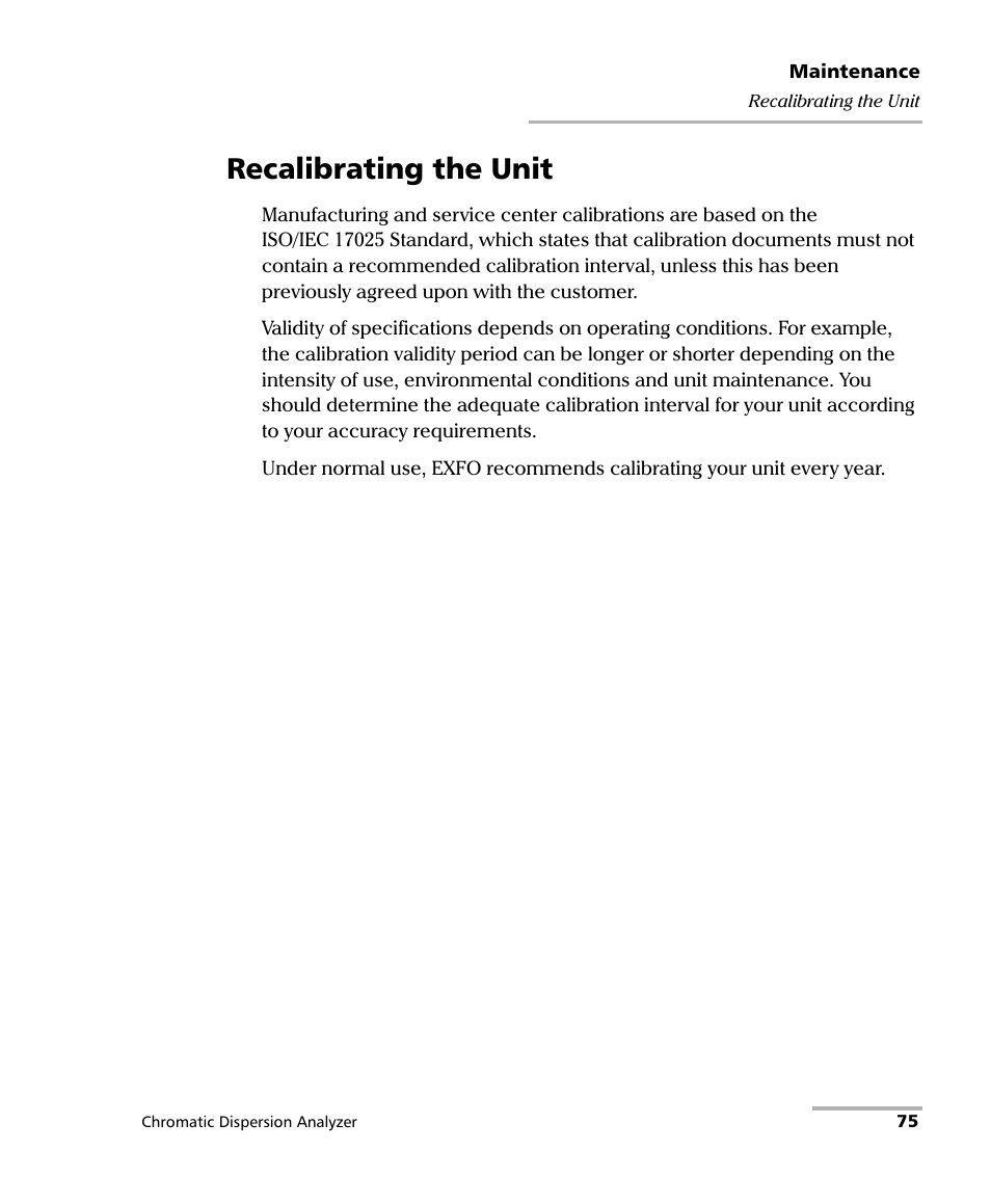 Recalibrating the unit | EXFO FTB-5800 Chromatic Dispersion Analyzer for FTB-400 User Manual | Page 81 / 103