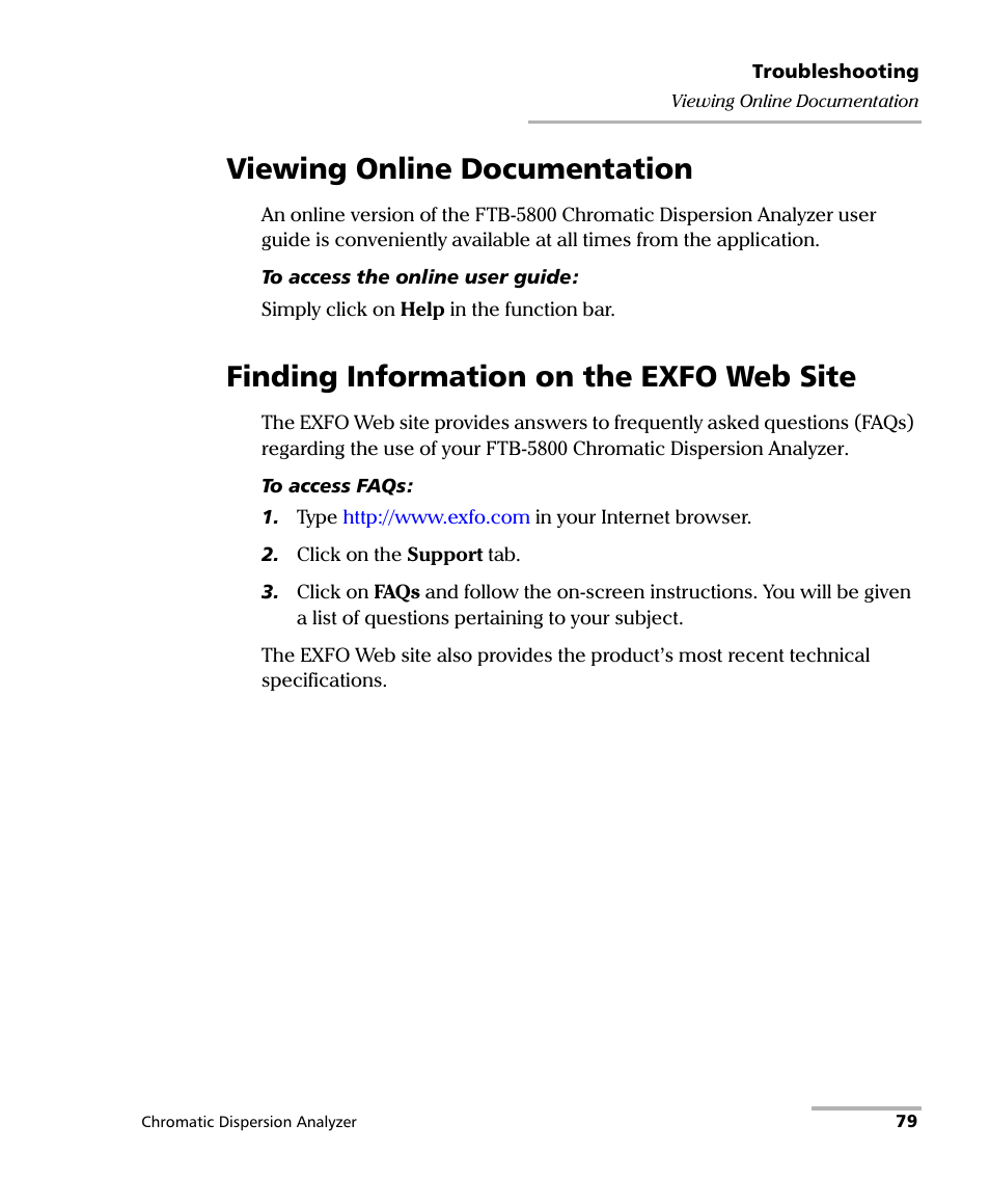 Viewing online documentation, Finding information on the exfo web site | EXFO FTB-5800 Chromatic Dispersion Analyzer for FTB-400 User Manual | Page 85 / 103