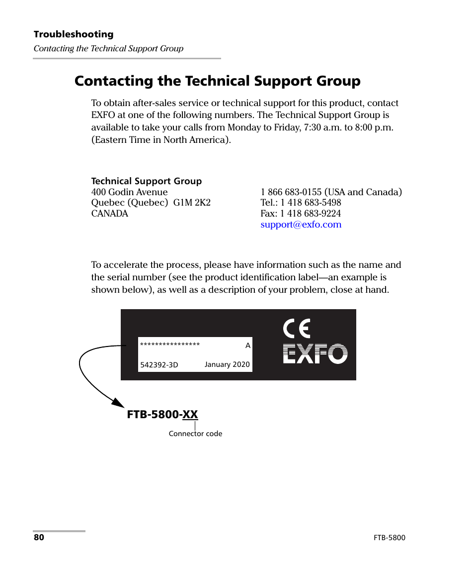 Contacting the technical support group, Ftb-5800-xx | EXFO FTB-5800 Chromatic Dispersion Analyzer for FTB-400 User Manual | Page 86 / 103