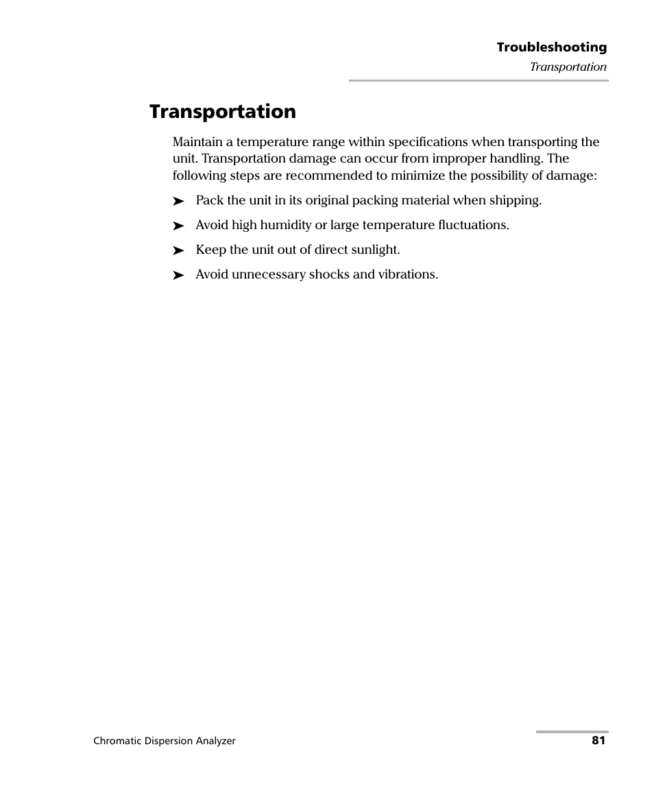 Transportation | EXFO FTB-5800 Chromatic Dispersion Analyzer for FTB-400 User Manual | Page 87 / 103
