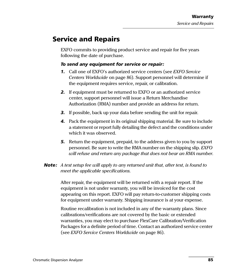 Service and repairs | EXFO FTB-5800 Chromatic Dispersion Analyzer for FTB-400 User Manual | Page 91 / 103