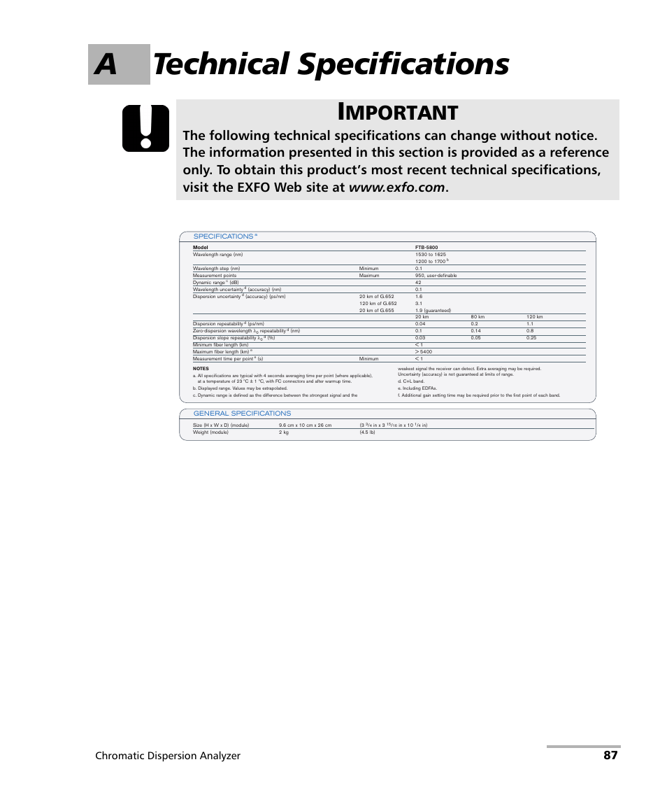 A technical specifications, Mportant, Chromatic dispersion analyzer | EXFO FTB-5800 Chromatic Dispersion Analyzer for FTB-400 User Manual | Page 93 / 103