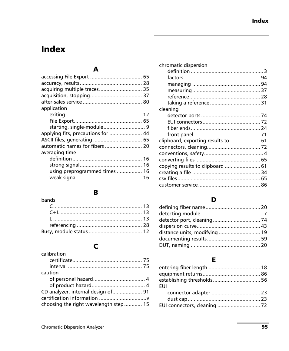 Index | EXFO FTB-5800 Chromatic Dispersion Analyzer for FTB-500 User Manual | Page 103 / 109