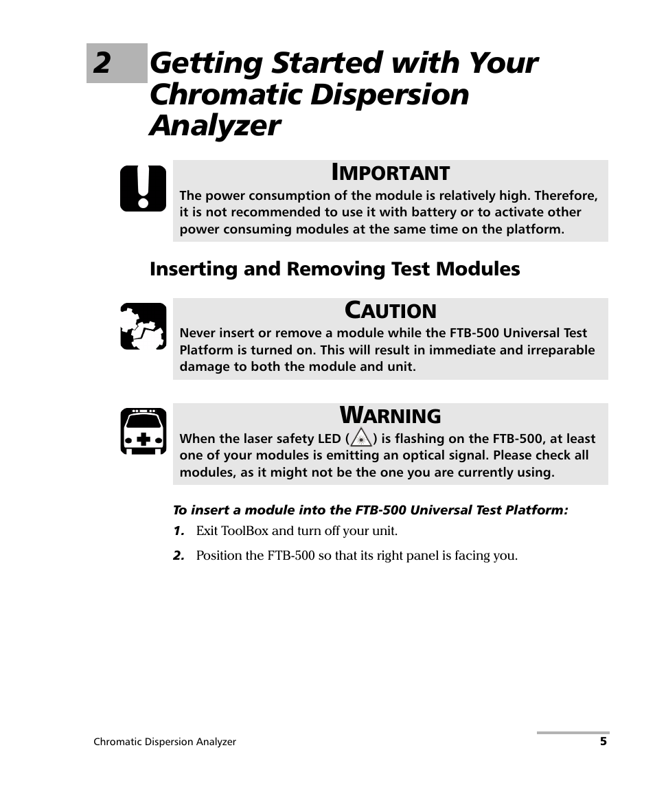 Inserting and removing test modules | EXFO FTB-5800 Chromatic Dispersion Analyzer for FTB-500 User Manual | Page 11 / 109