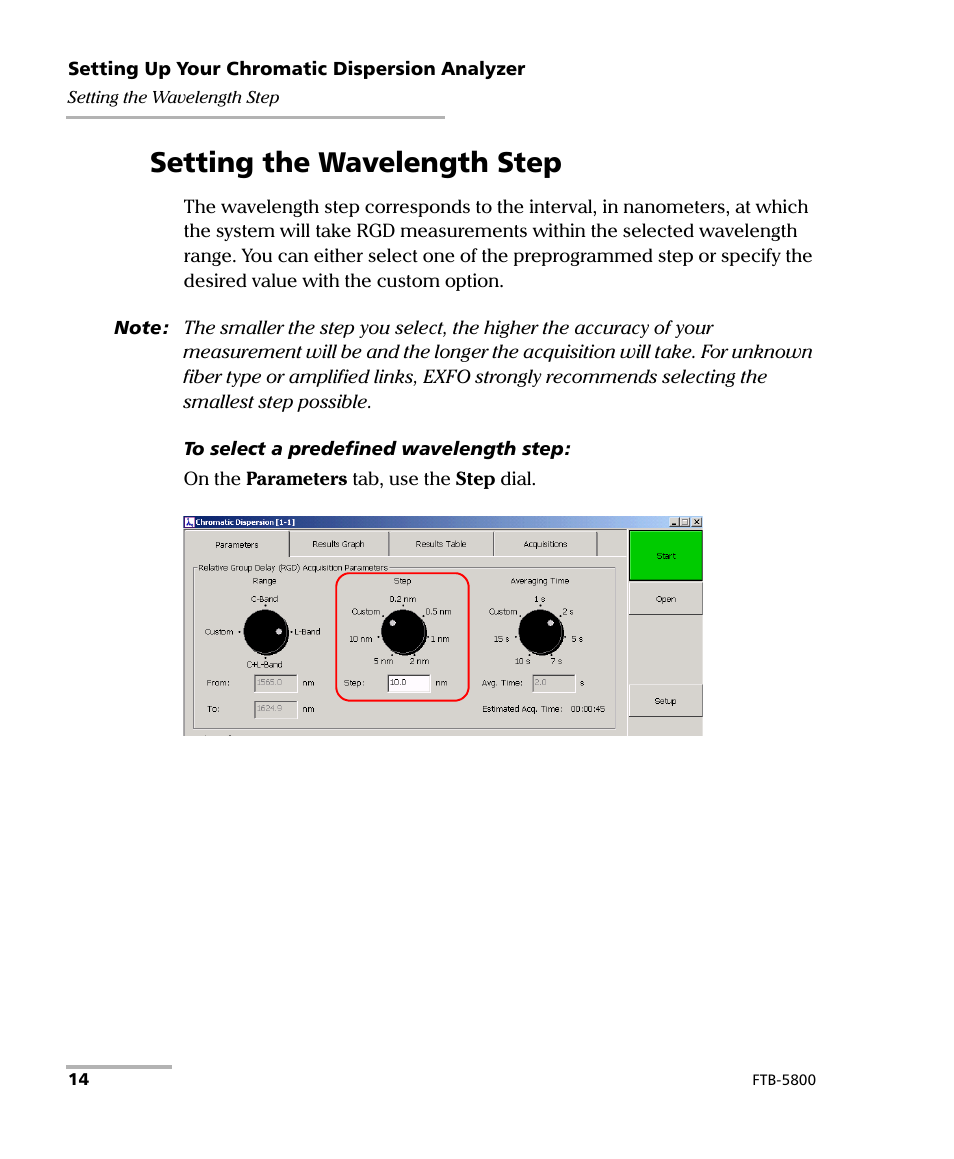 Setting the wavelength step | EXFO FTB-5800 Chromatic Dispersion Analyzer for FTB-500 User Manual | Page 20 / 109