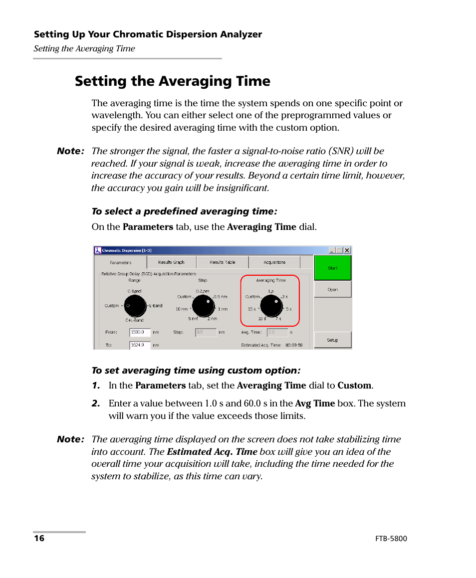 Setting the averaging time | EXFO FTB-5800 Chromatic Dispersion Analyzer for FTB-500 User Manual | Page 22 / 109