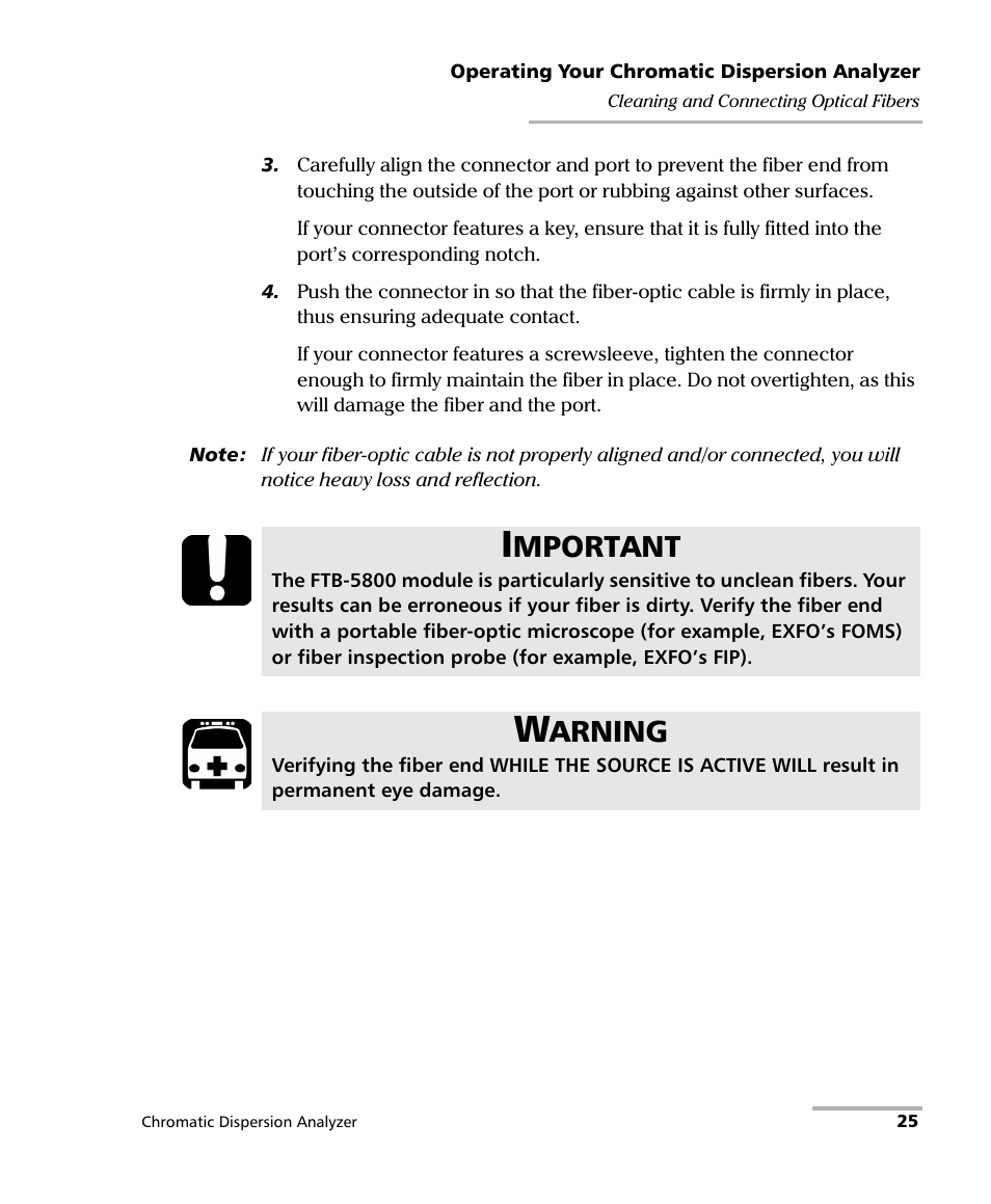 Mportant, Arning | EXFO FTB-5800 Chromatic Dispersion Analyzer for FTB-500 User Manual | Page 31 / 109