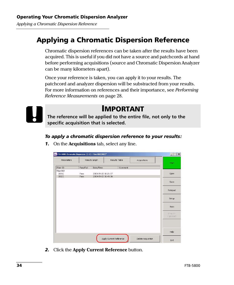 Applying a chromatic dispersion reference, Mportant | EXFO FTB-5800 Chromatic Dispersion Analyzer for FTB-500 User Manual | Page 40 / 109