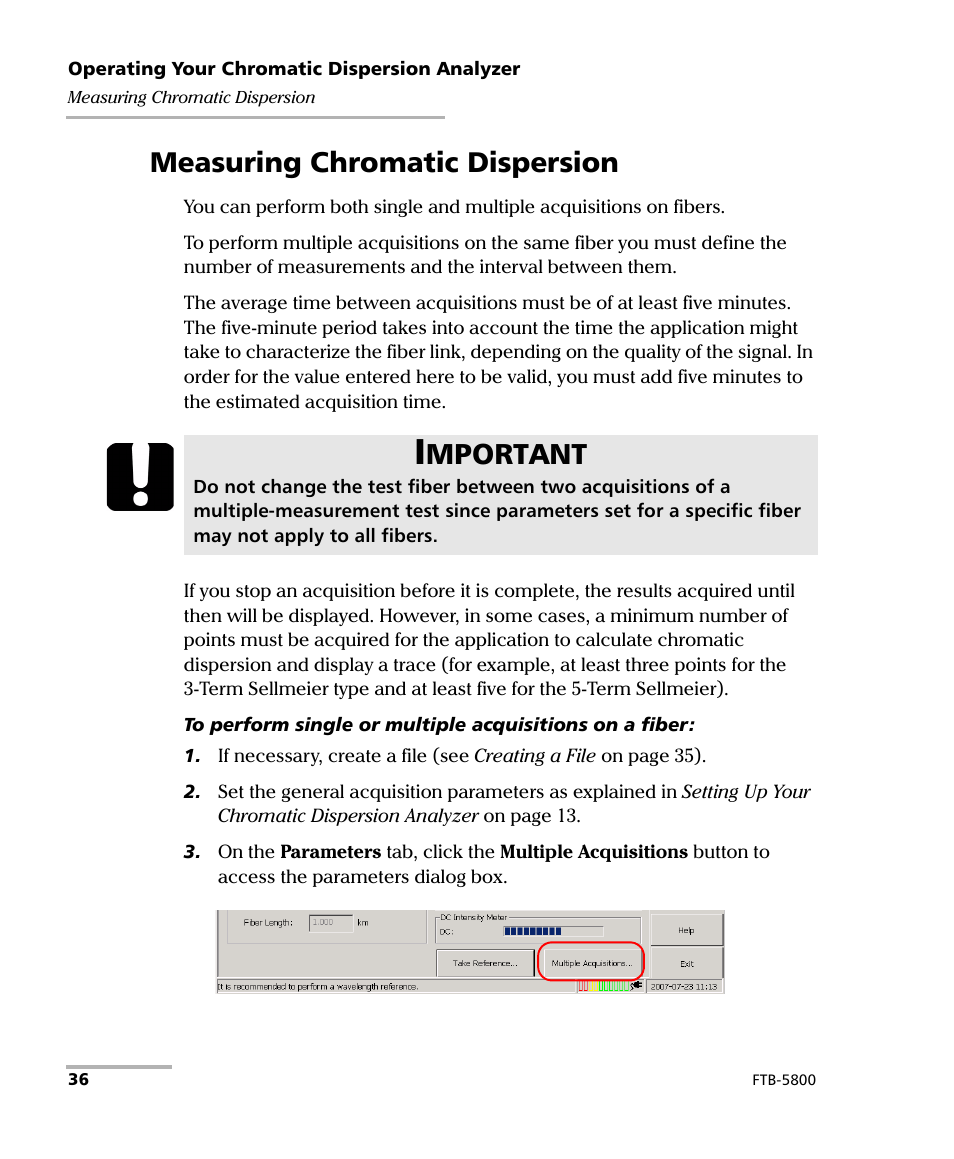 Measuring chromatic dispersion, Mportant | EXFO FTB-5800 Chromatic Dispersion Analyzer for FTB-500 User Manual | Page 42 / 109