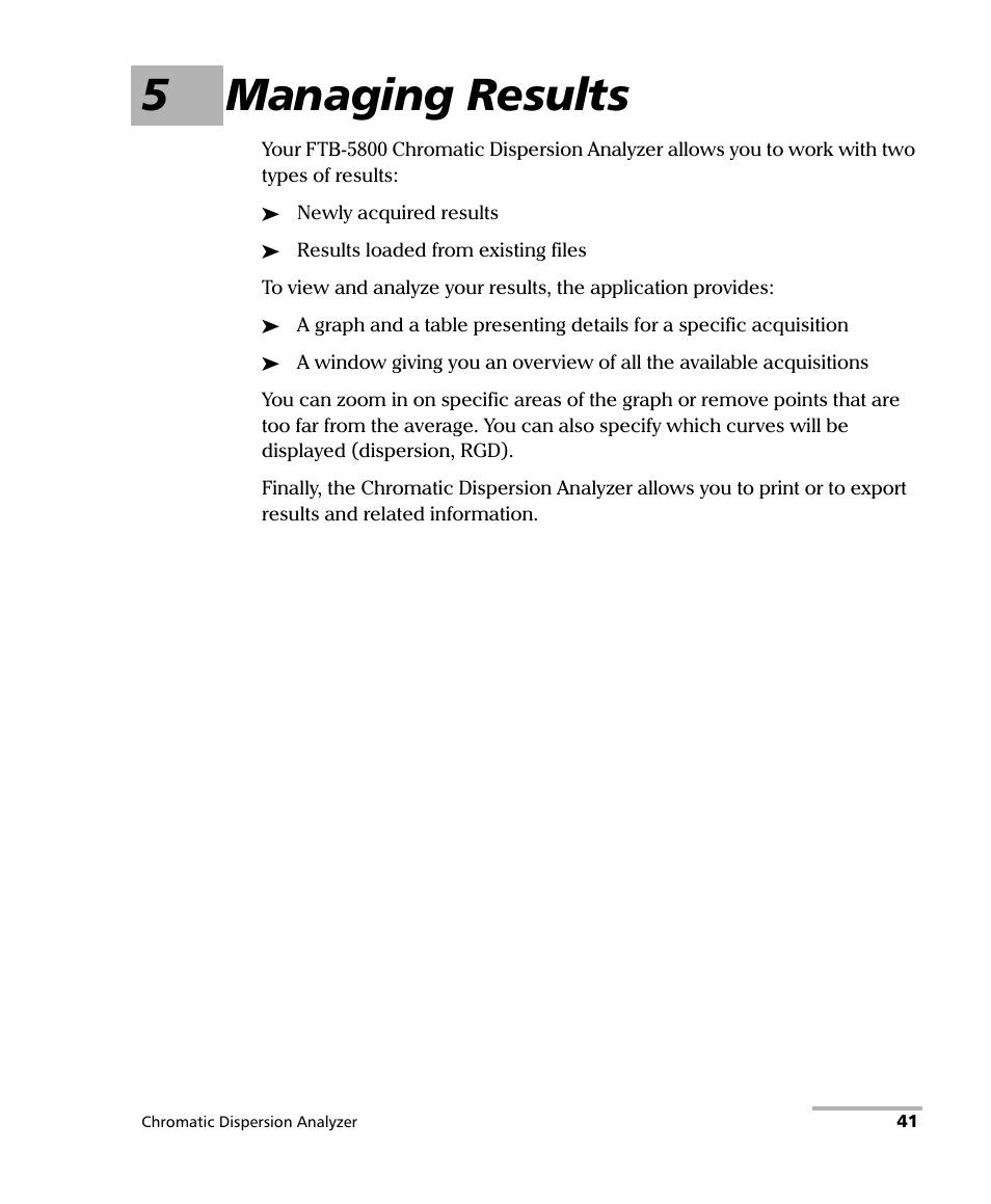 5 managing results, 5managing results | EXFO FTB-5800 Chromatic Dispersion Analyzer for FTB-500 User Manual | Page 47 / 109