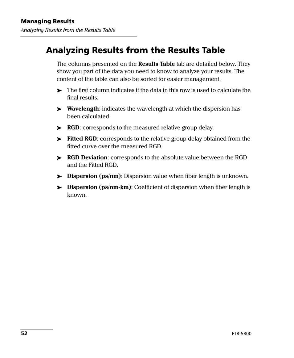 Analyzing results from the results table | EXFO FTB-5800 Chromatic Dispersion Analyzer for FTB-500 User Manual | Page 58 / 109