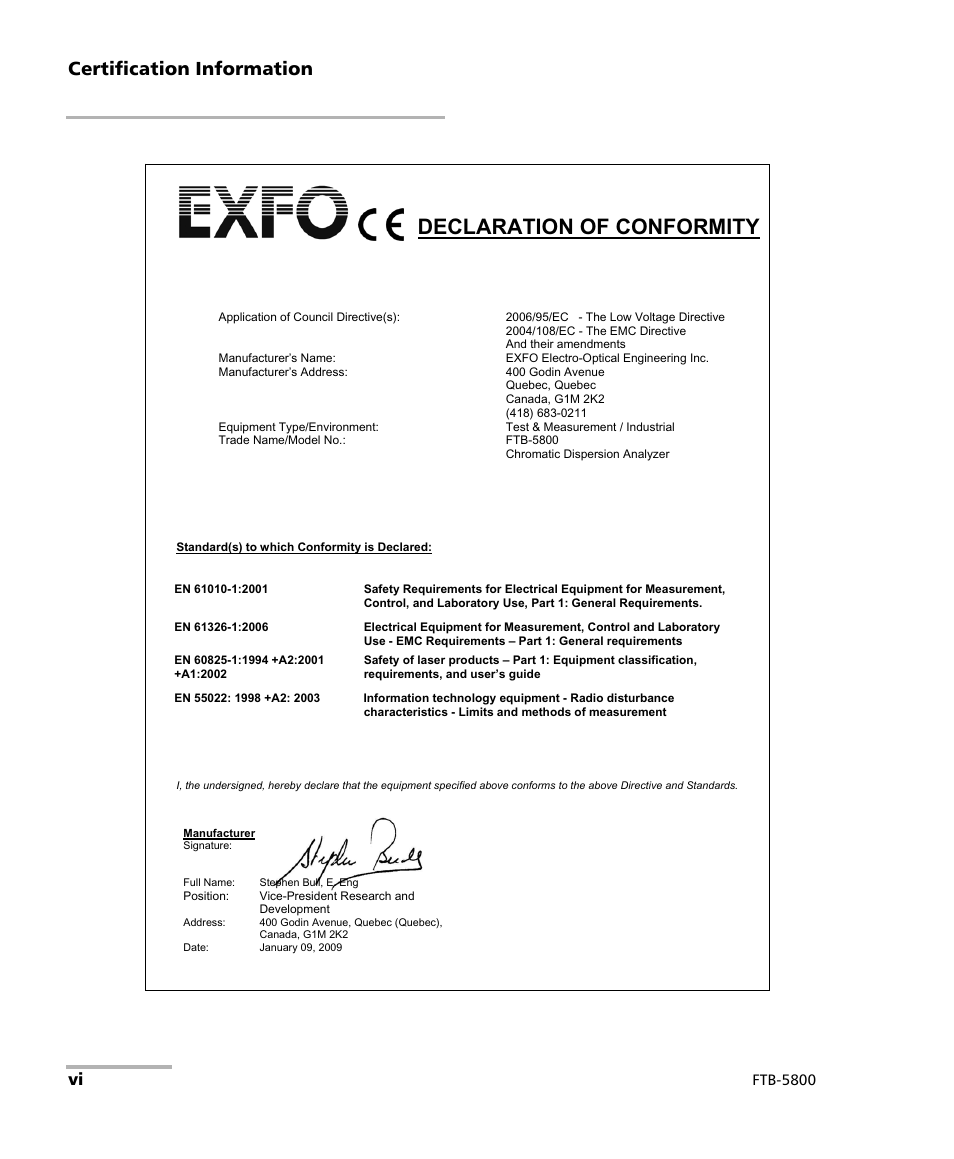 Declaration of conformity, Certification information, Ftb-5800 | EXFO FTB-5800 Chromatic Dispersion Analyzer for FTB-500 User Manual | Page 6 / 109