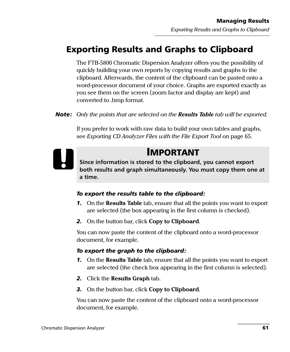 Exporting results and graphs to clipboard, Mportant | EXFO FTB-5800 Chromatic Dispersion Analyzer for FTB-500 User Manual | Page 67 / 109