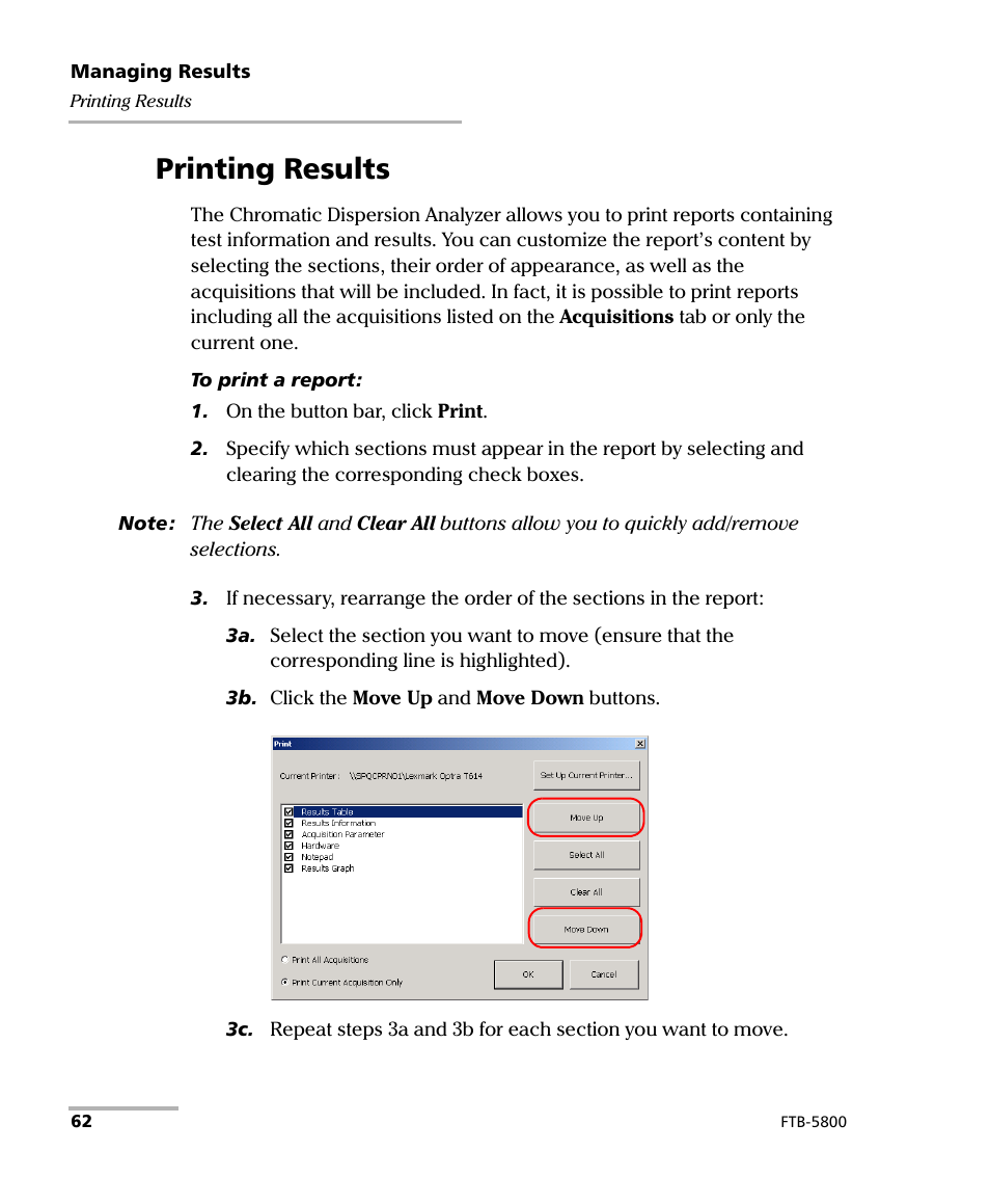 Printing results | EXFO FTB-5800 Chromatic Dispersion Analyzer for FTB-500 User Manual | Page 68 / 109