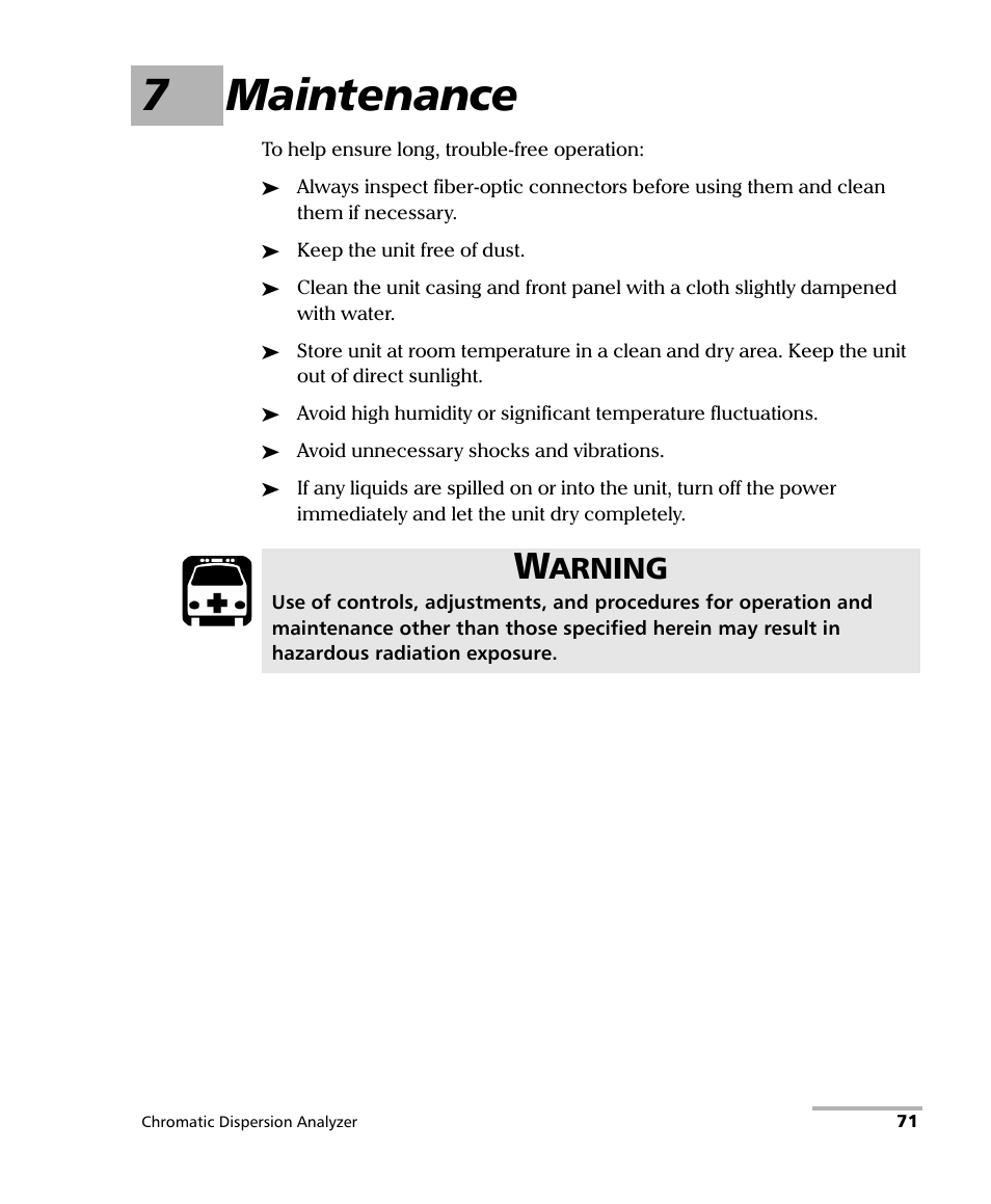 7 maintenance, 7maintenance, Arning | EXFO FTB-5800 Chromatic Dispersion Analyzer for FTB-500 User Manual | Page 79 / 109