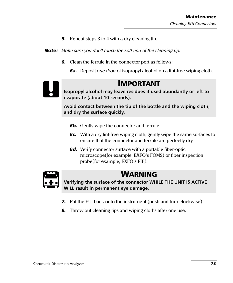 Mportant, Arning | EXFO FTB-5800 Chromatic Dispersion Analyzer for FTB-500 User Manual | Page 81 / 109