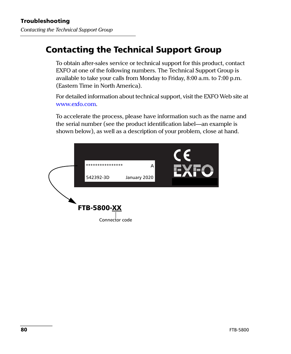 Contacting the technical support group, Ftb-5800-xx | EXFO FTB-5800 Chromatic Dispersion Analyzer for FTB-500 User Manual | Page 88 / 109