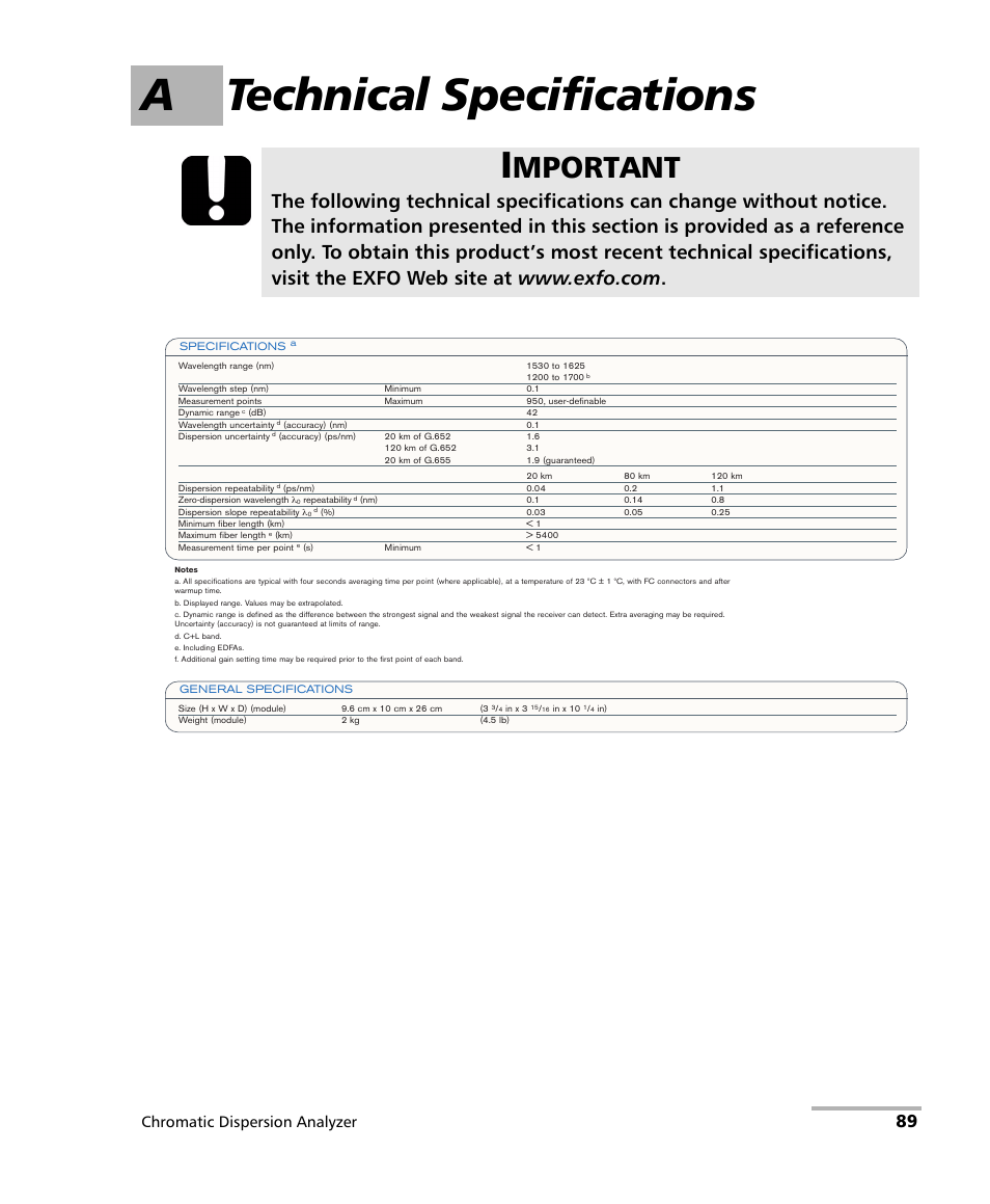 A technical specifications, Mportant, Chromatic dispersion analyzer | EXFO FTB-5800 Chromatic Dispersion Analyzer for FTB-500 User Manual | Page 97 / 109