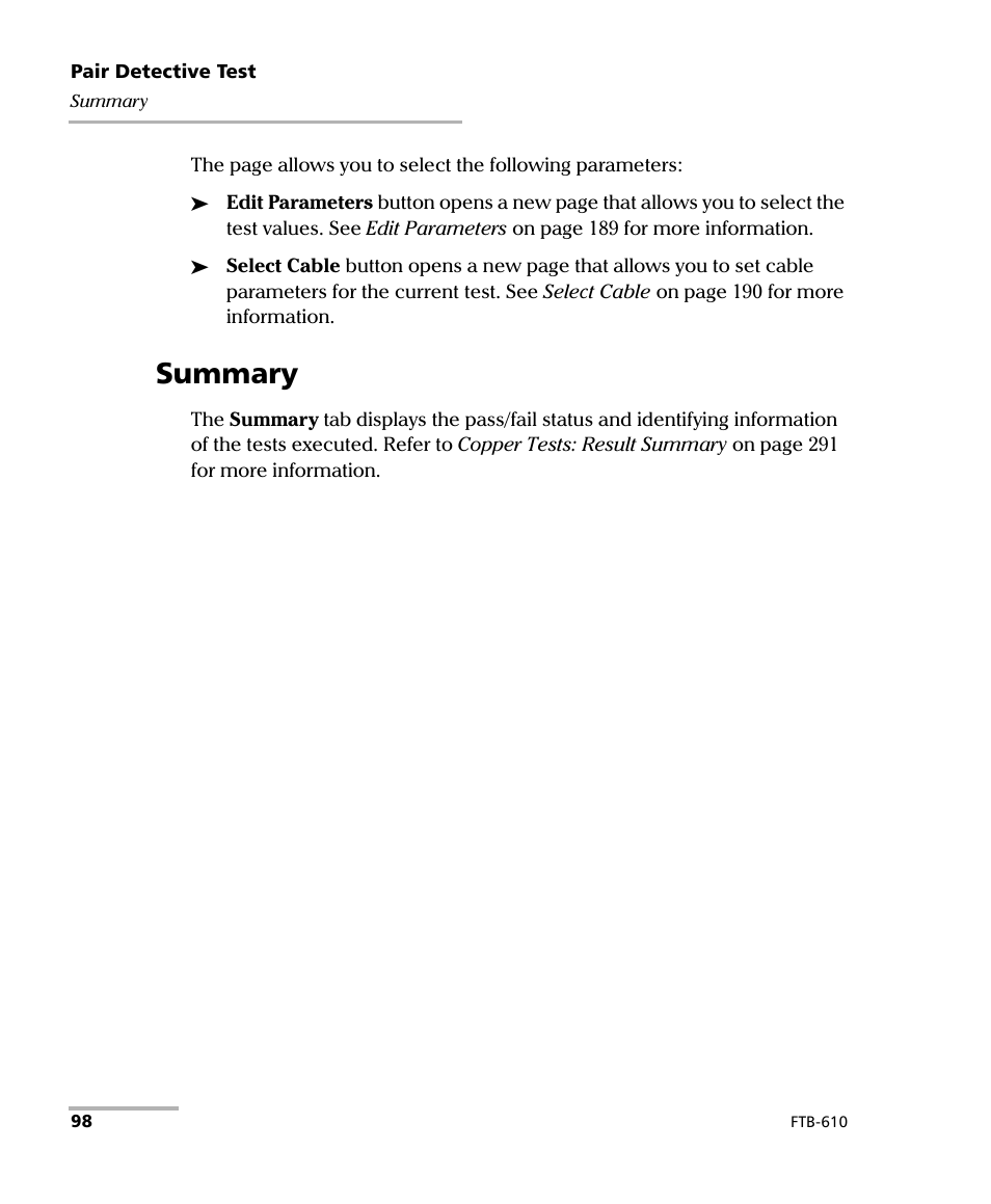 Summary | EXFO FTB-610 Wideband Copper Test Module User Manual | Page 106 / 326