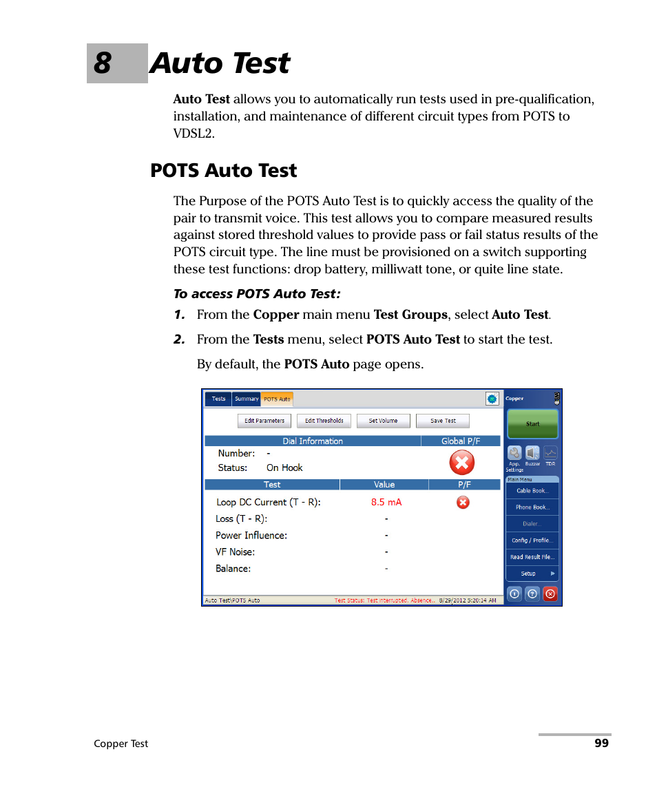 8 auto test, Pots auto test, 8auto test | EXFO FTB-610 Wideband Copper Test Module User Manual | Page 107 / 326