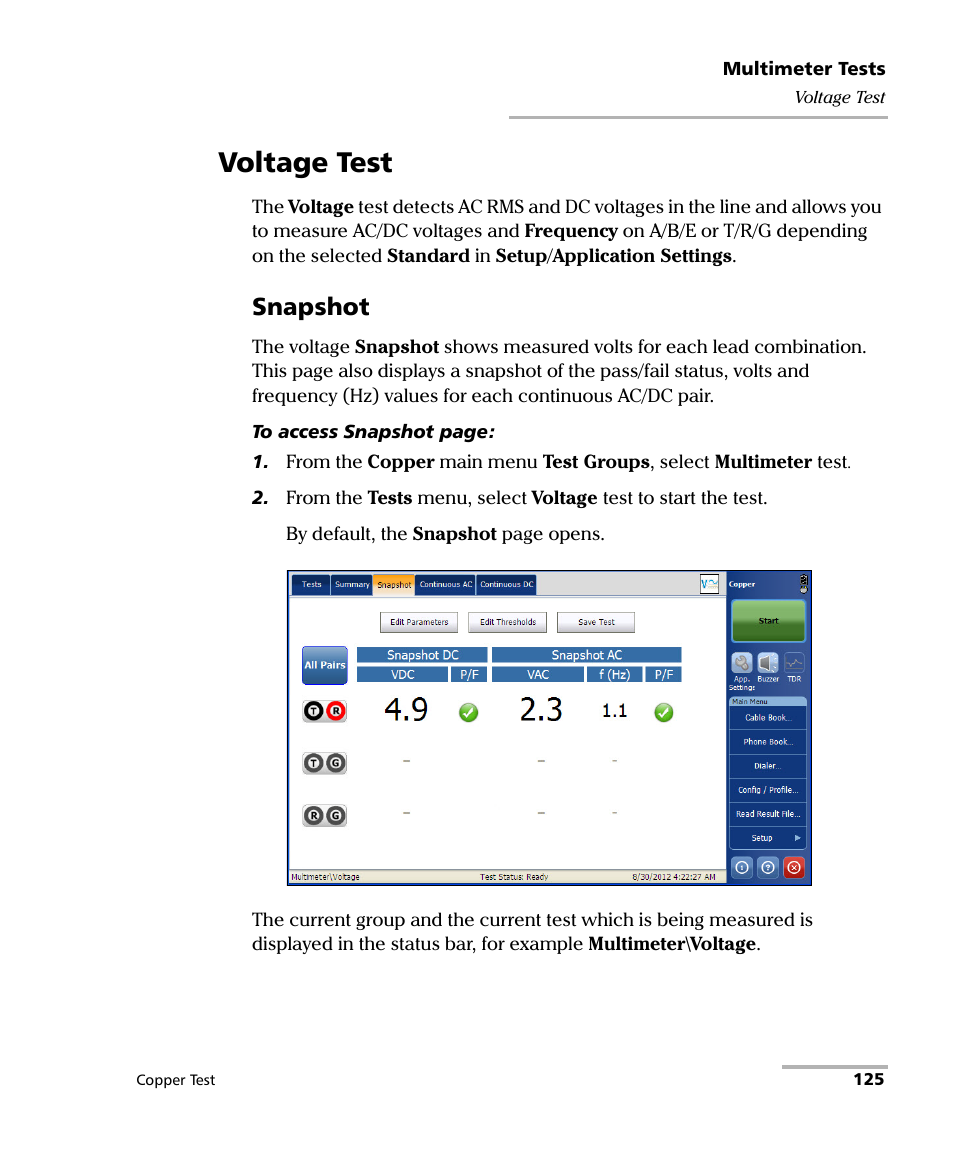 Voltage test, Snapshot | EXFO FTB-610 Wideband Copper Test Module User Manual | Page 133 / 326