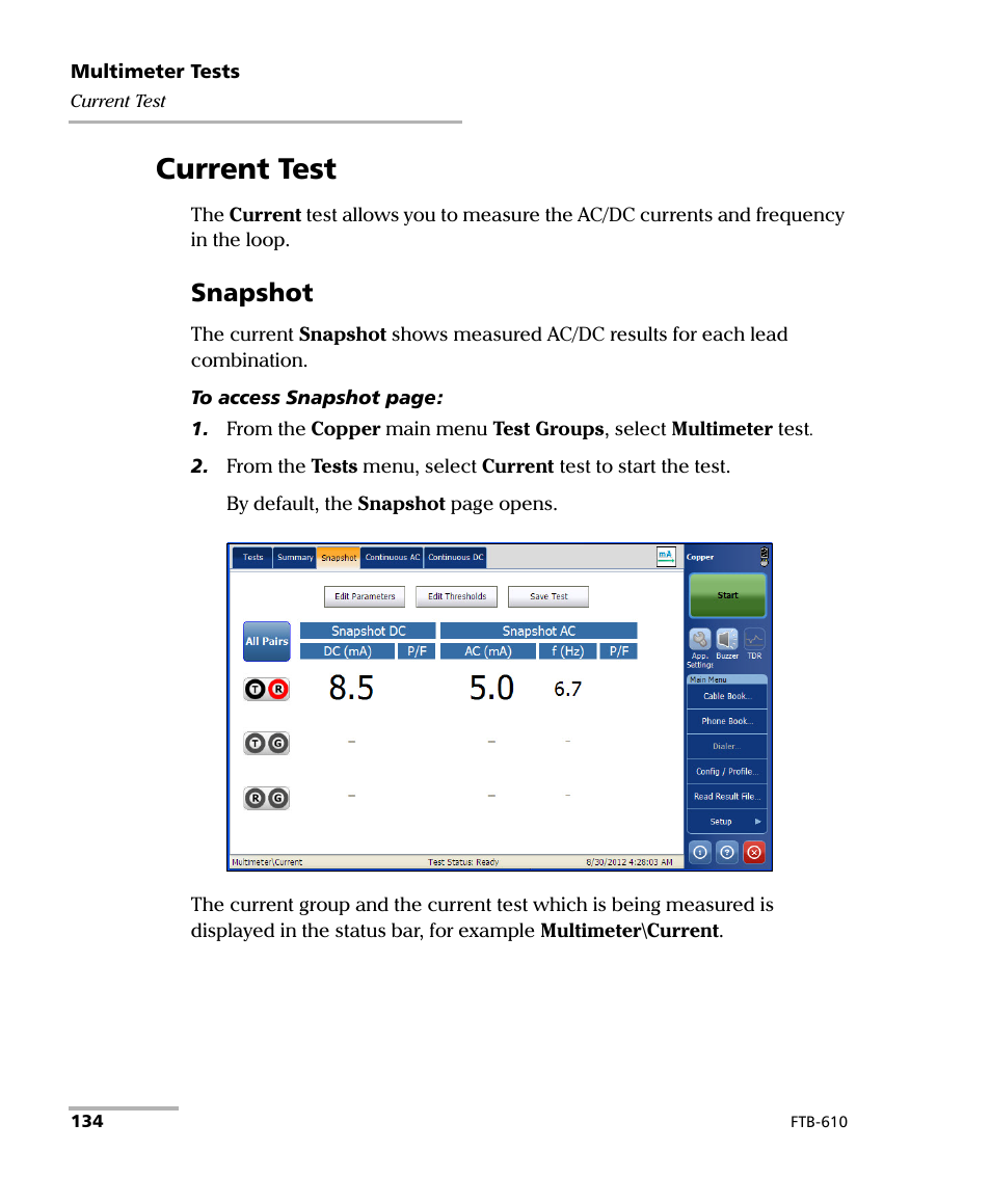 Current test, Snapshot | EXFO FTB-610 Wideband Copper Test Module User Manual | Page 142 / 326