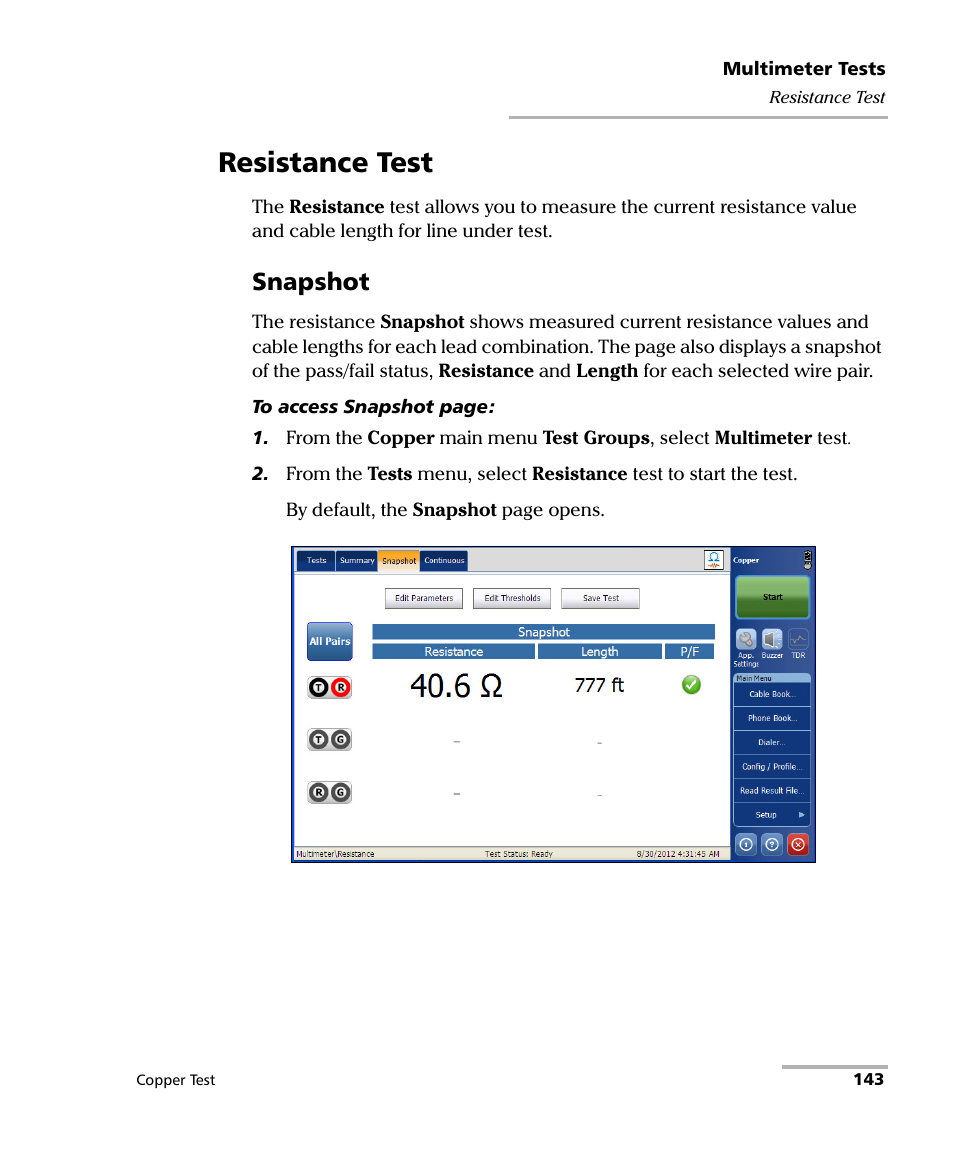 Resistance test, Snapshot | EXFO FTB-610 Wideband Copper Test Module User Manual | Page 151 / 326