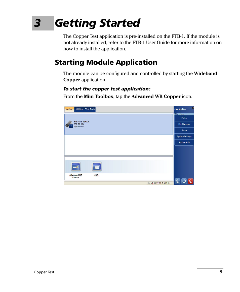 3 getting started, Starting module application, 3getting started | EXFO FTB-610 Wideband Copper Test Module User Manual | Page 17 / 326