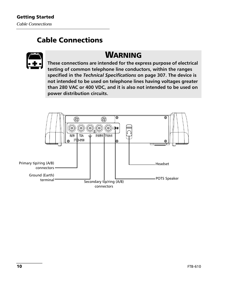 Cable connections, Arning | EXFO FTB-610 Wideband Copper Test Module User Manual | Page 18 / 326