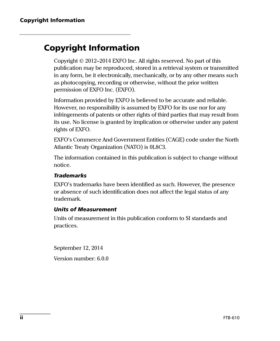 Copyright information | EXFO FTB-610 Wideband Copper Test Module User Manual | Page 2 / 326