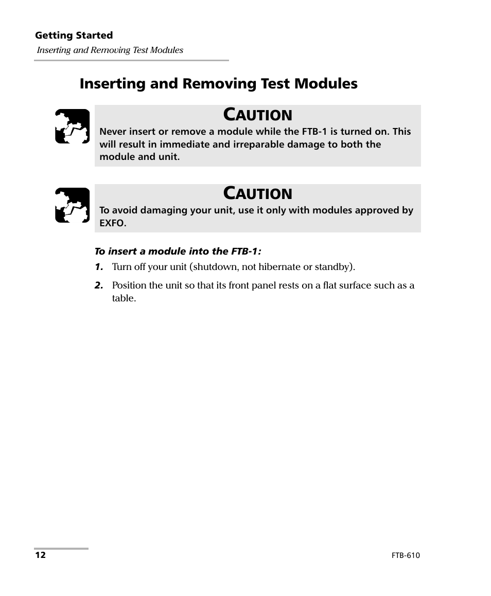 Inserting and removing test modules, Aution | EXFO FTB-610 Wideband Copper Test Module User Manual | Page 20 / 326