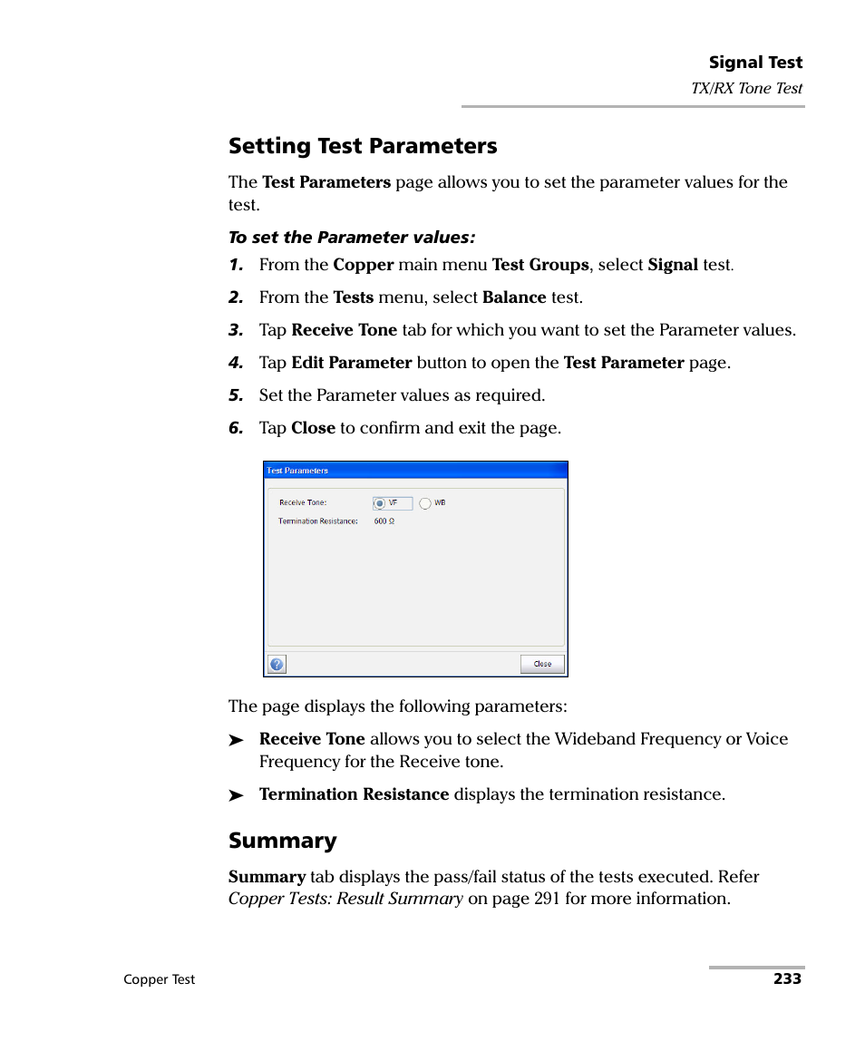 Setting test parameters, Summary | EXFO FTB-610 Wideband Copper Test Module User Manual | Page 241 / 326