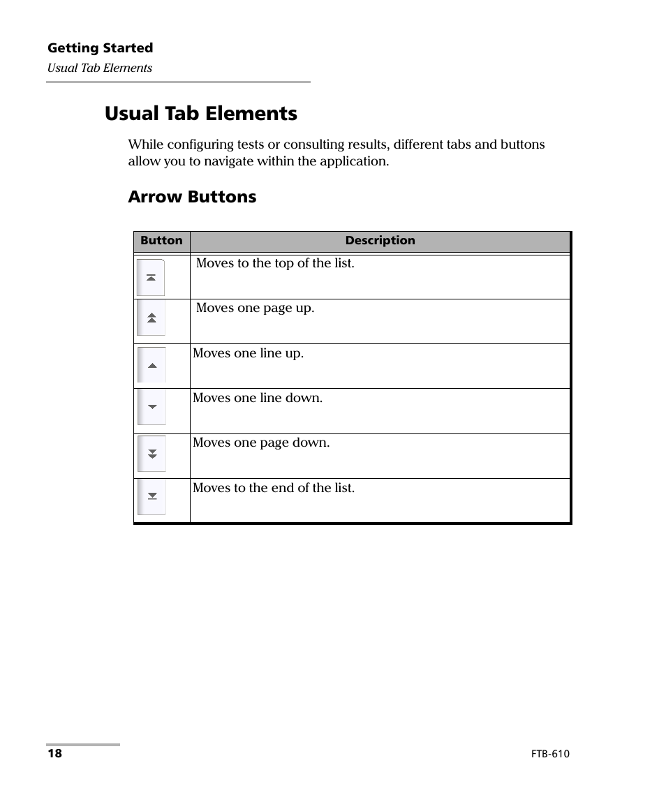 Usual tab elements, Arrow buttons | EXFO FTB-610 Wideband Copper Test Module User Manual | Page 26 / 326