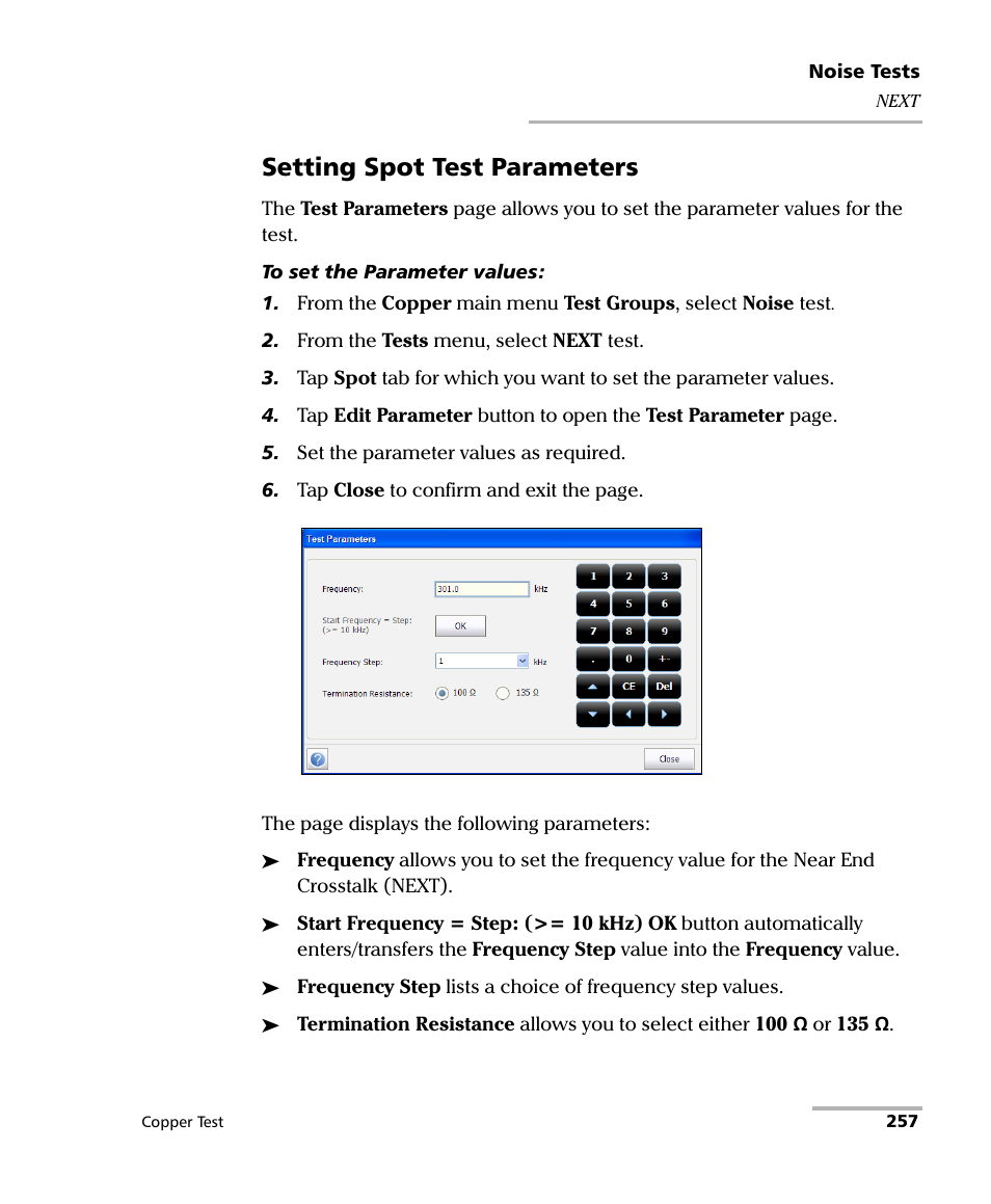 Setting spot test parameters | EXFO FTB-610 Wideband Copper Test Module User Manual | Page 265 / 326