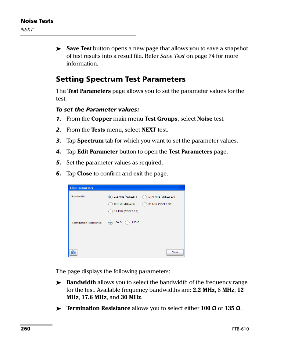 Setting spectrum test parameters | EXFO FTB-610 Wideband Copper Test Module User Manual | Page 268 / 326