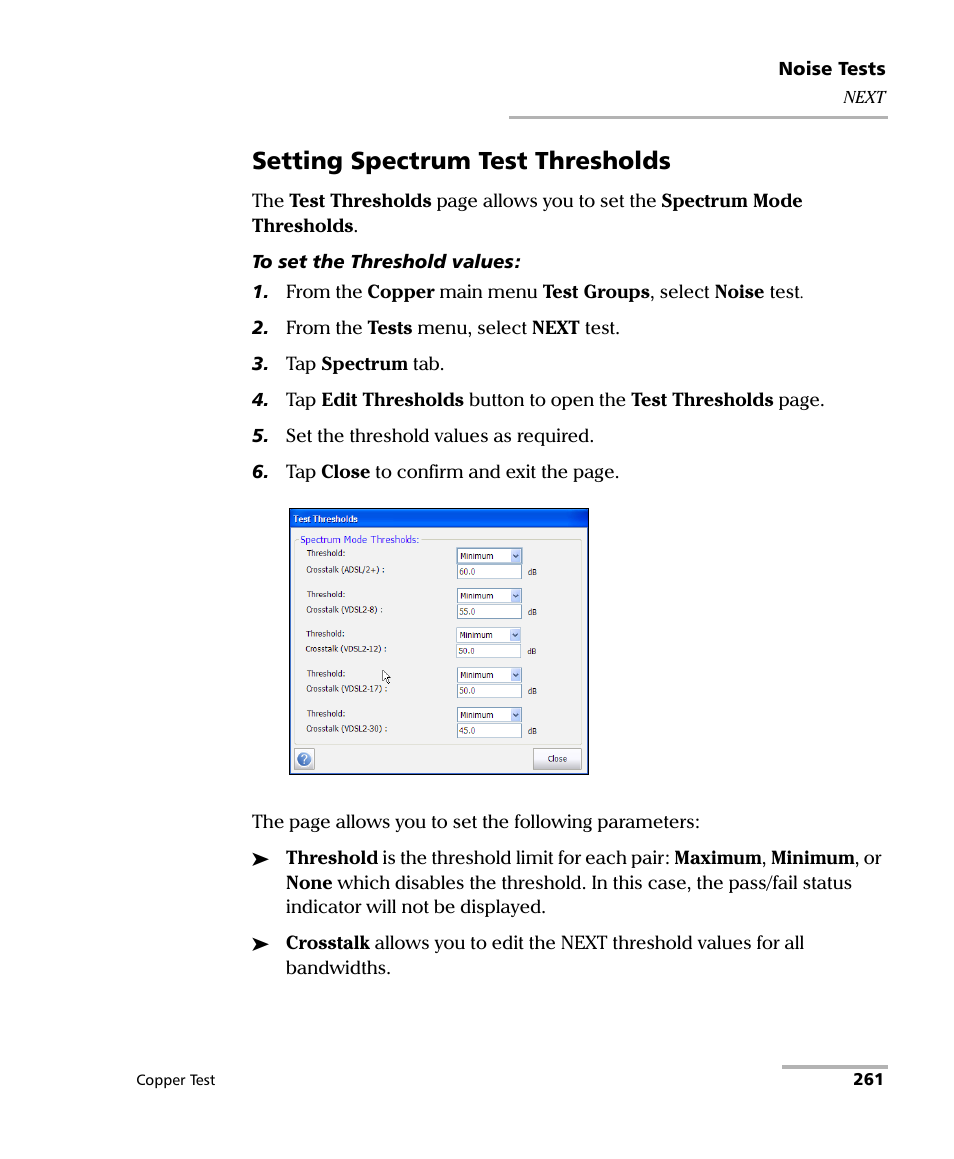 Setting spectrum test thresholds | EXFO FTB-610 Wideband Copper Test Module User Manual | Page 269 / 326