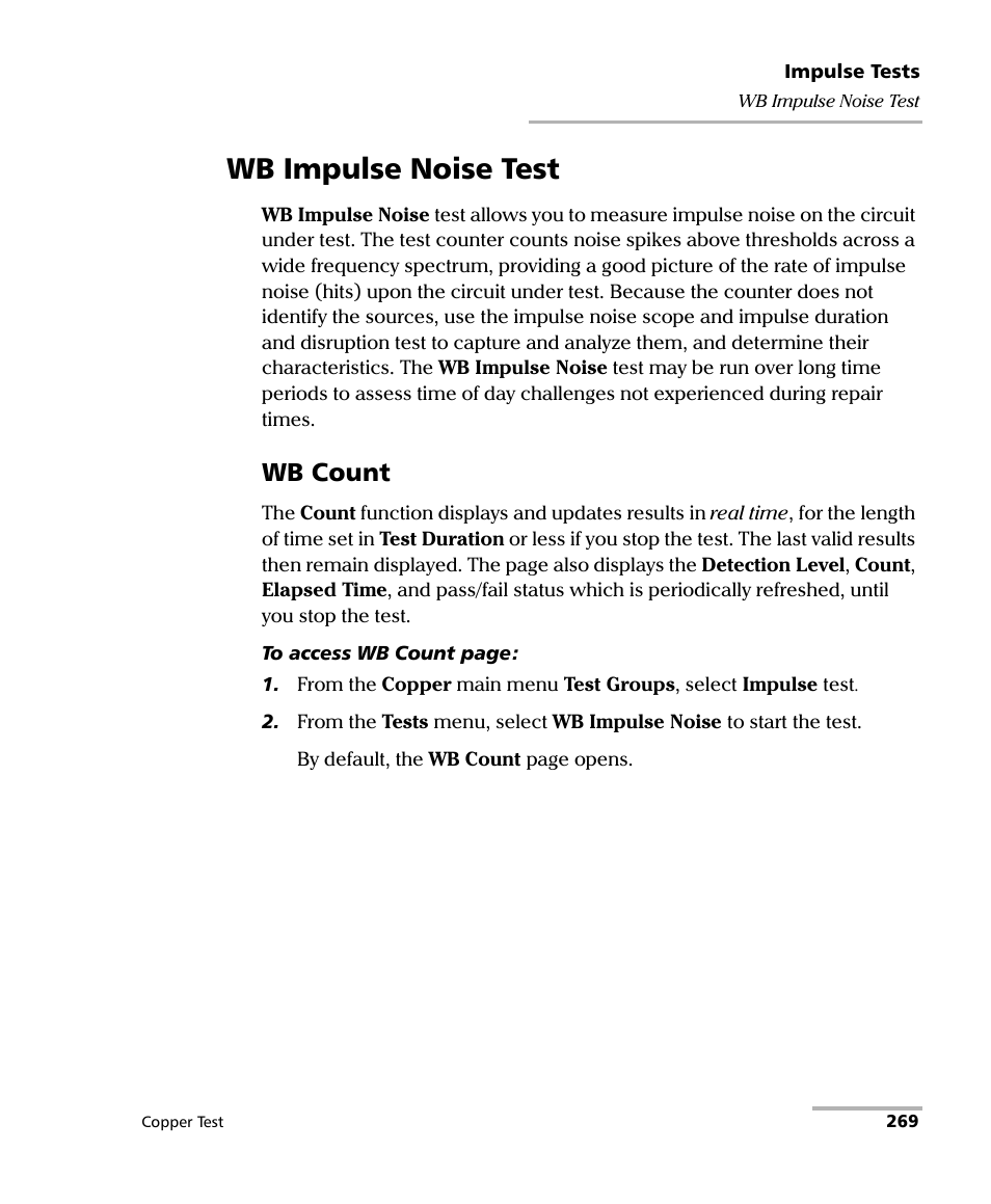 Wb impulse noise test, Wb count | EXFO FTB-610 Wideband Copper Test Module User Manual | Page 277 / 326