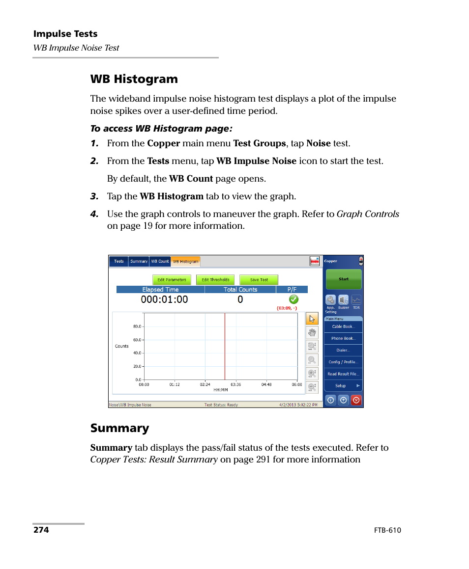 Wb histogram, Summary | EXFO FTB-610 Wideband Copper Test Module User Manual | Page 282 / 326