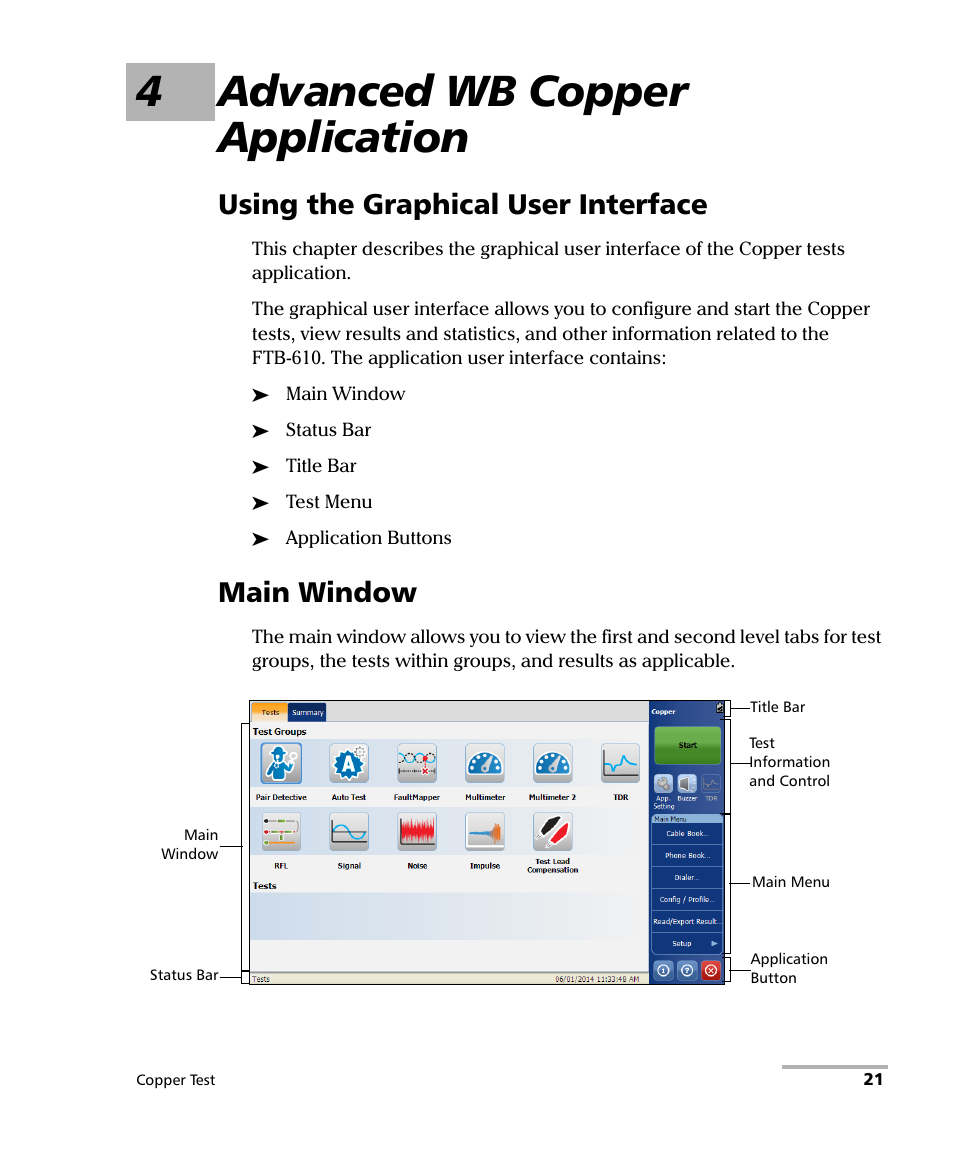 4 advanced wb copper application, Using the graphical user interface, Main window | Using the graphical user interface main window, 4advanced wb copper application | EXFO FTB-610 Wideband Copper Test Module User Manual | Page 29 / 326