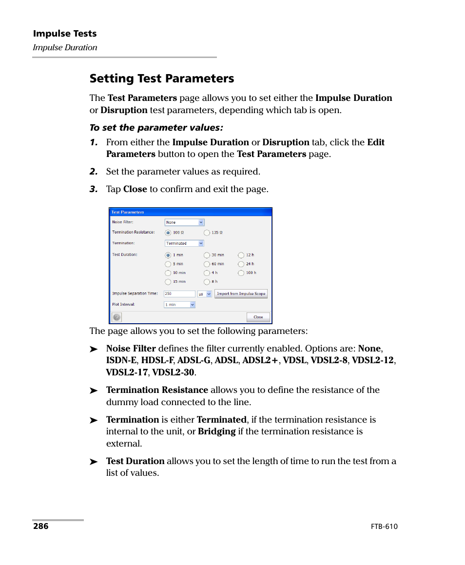 Setting test parameters | EXFO FTB-610 Wideband Copper Test Module User Manual | Page 294 / 326