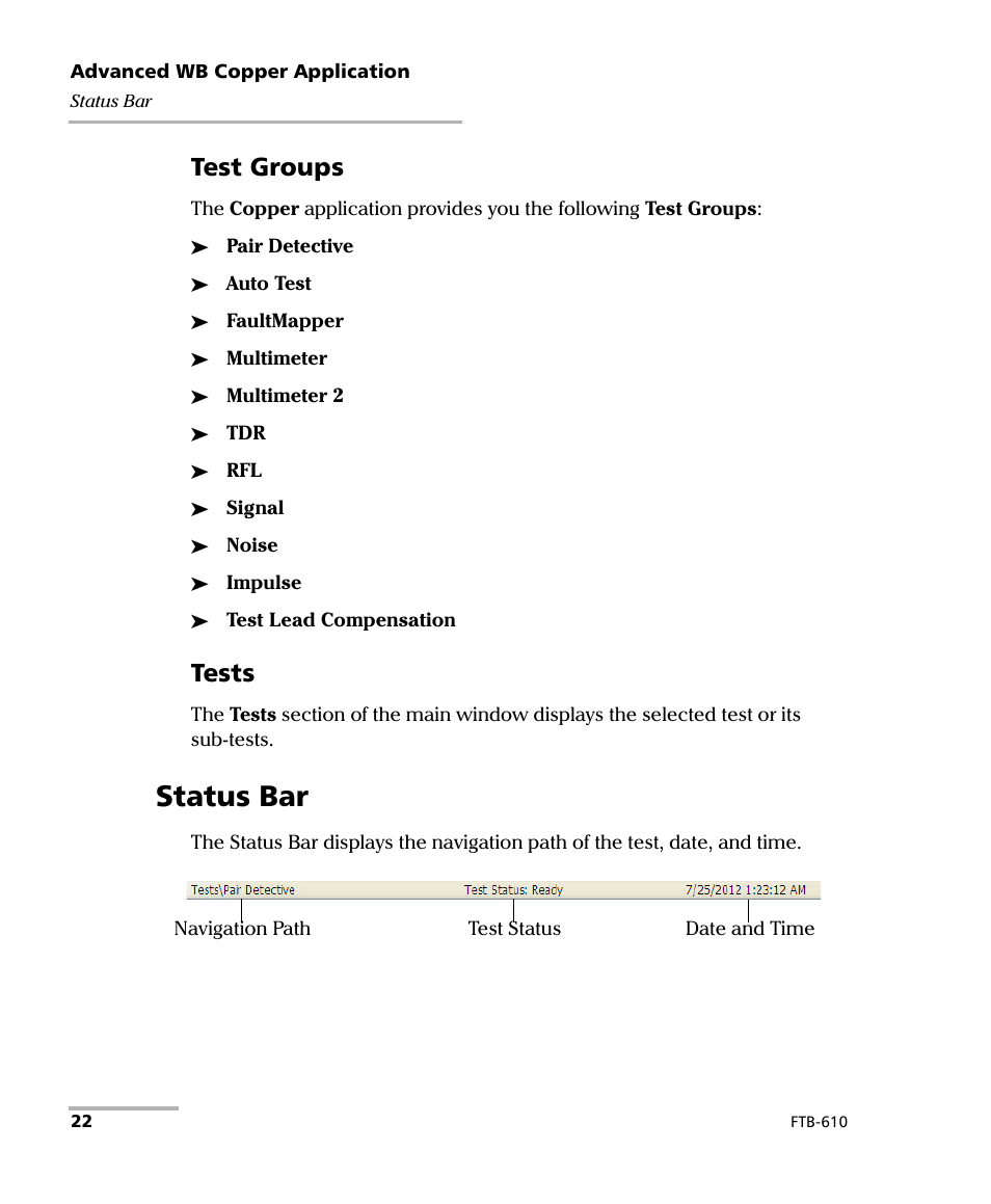 Status bar, Test groups, Tests | EXFO FTB-610 Wideband Copper Test Module User Manual | Page 30 / 326